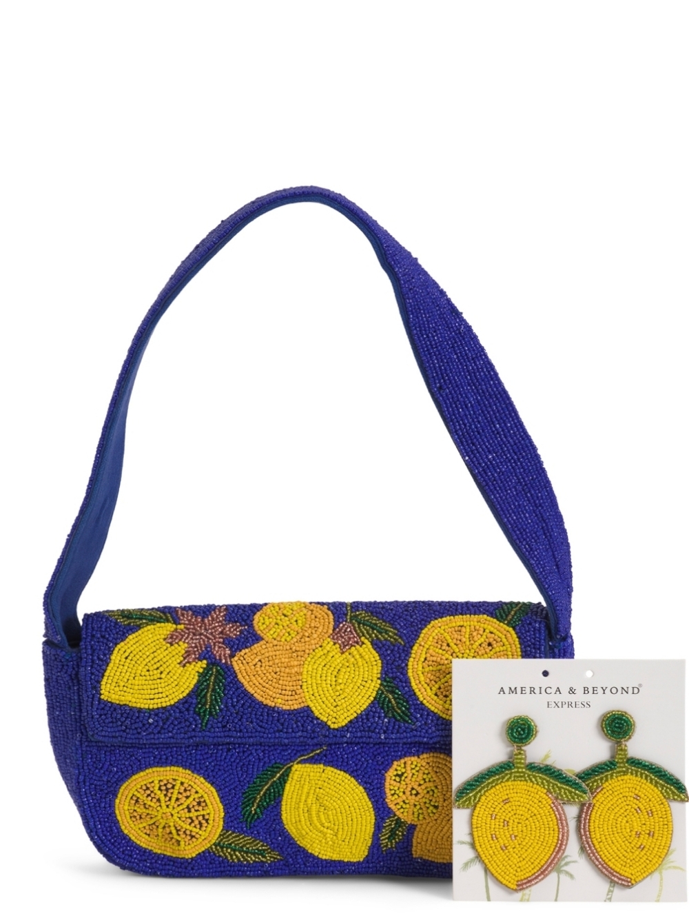 Viral NWT Blue and Yellow Lemon Beaded Purse and Lemond Drop Earrings